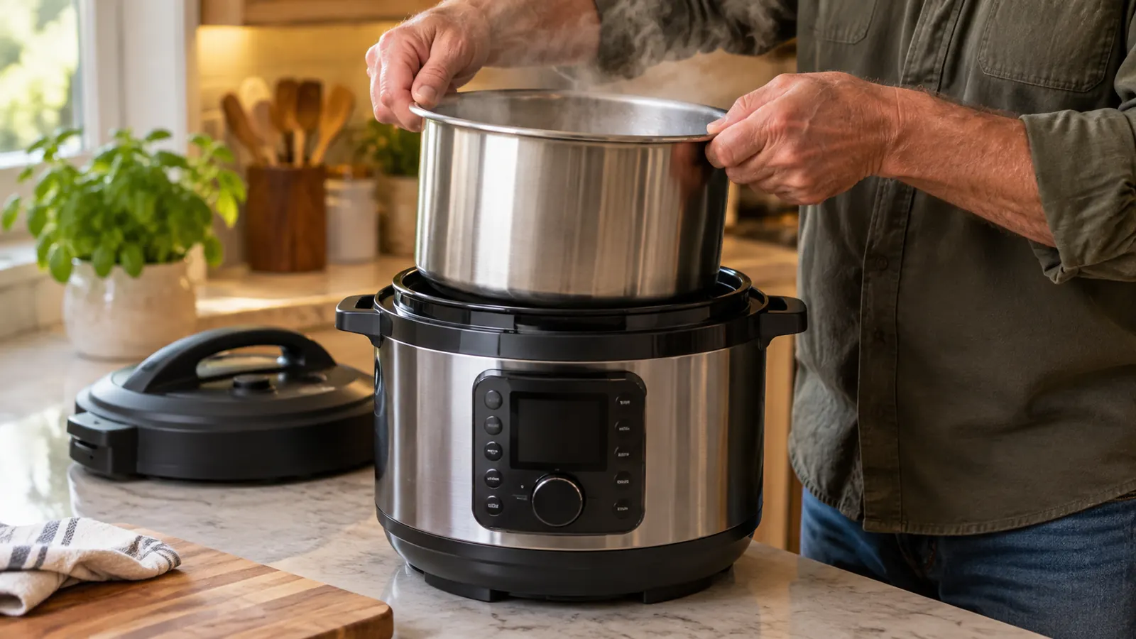 A parent's hand lifting the inner stainless steel pot out of an electric pressure cooker on a kitchen counter