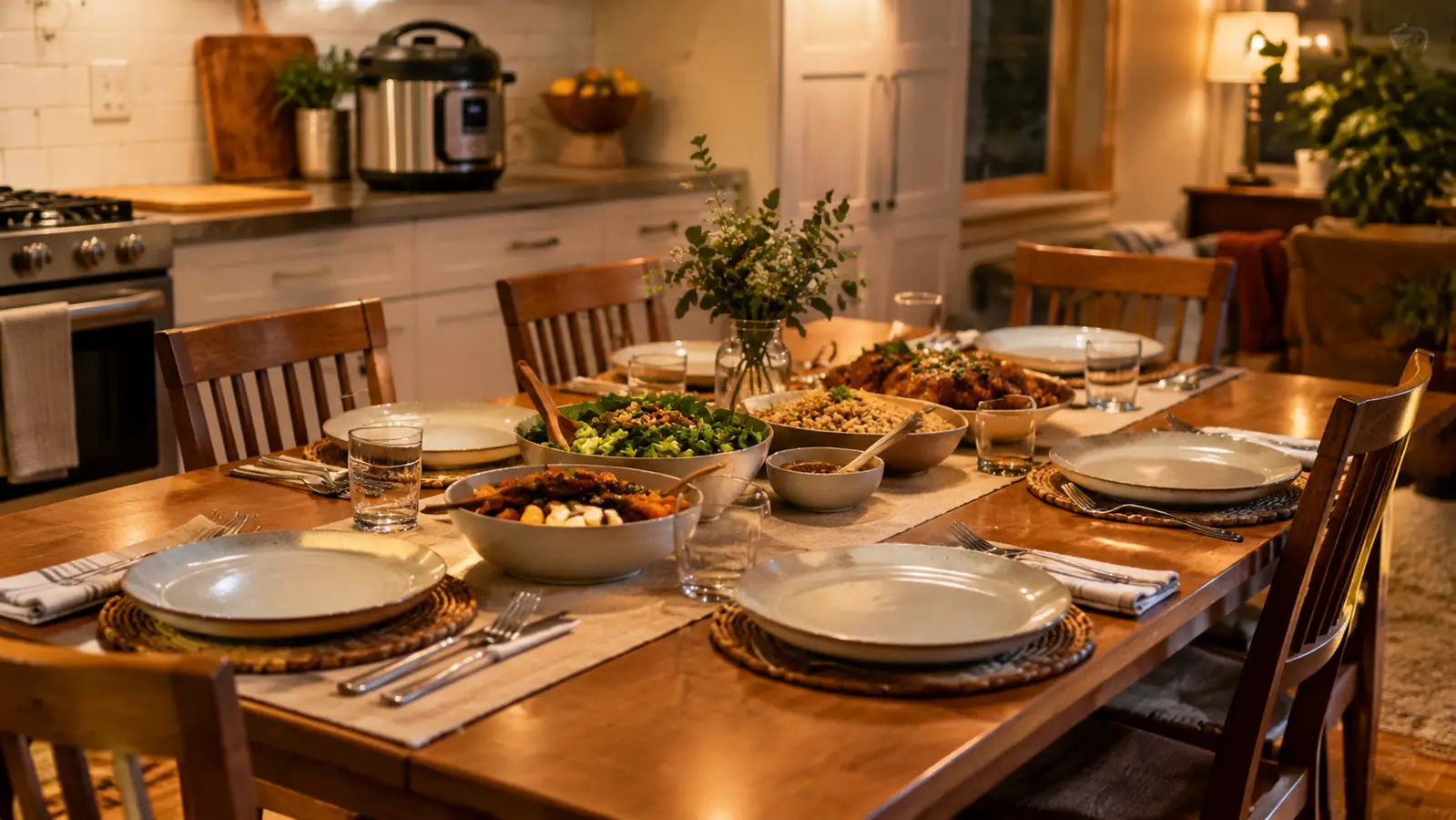 A weeknight dinner table set for six with an electric pressure cooker on the kitchen counter behind it