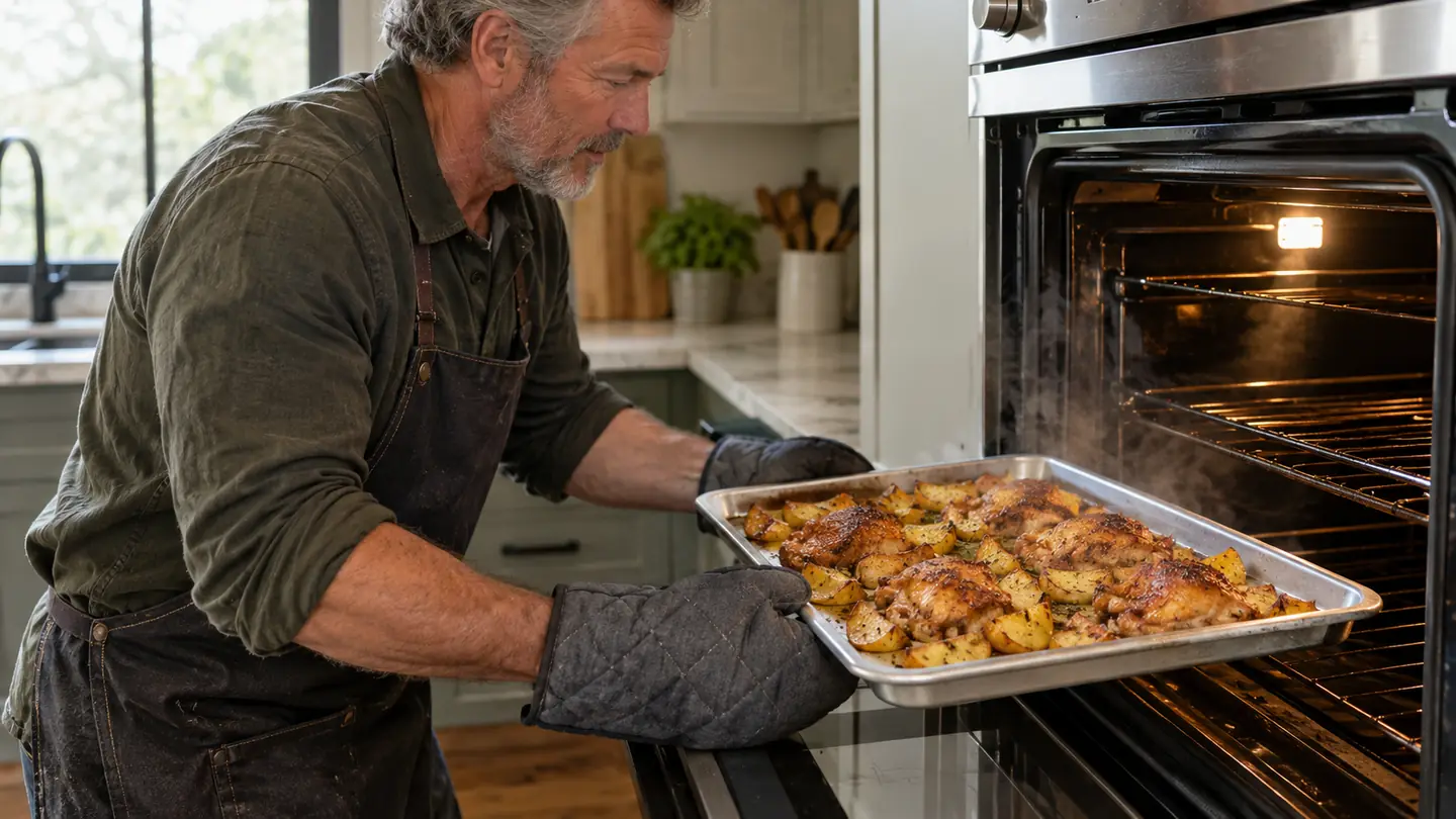 A person in a home kitchen pulling a half sheet pan of baked chicken and potatoes out of an oven