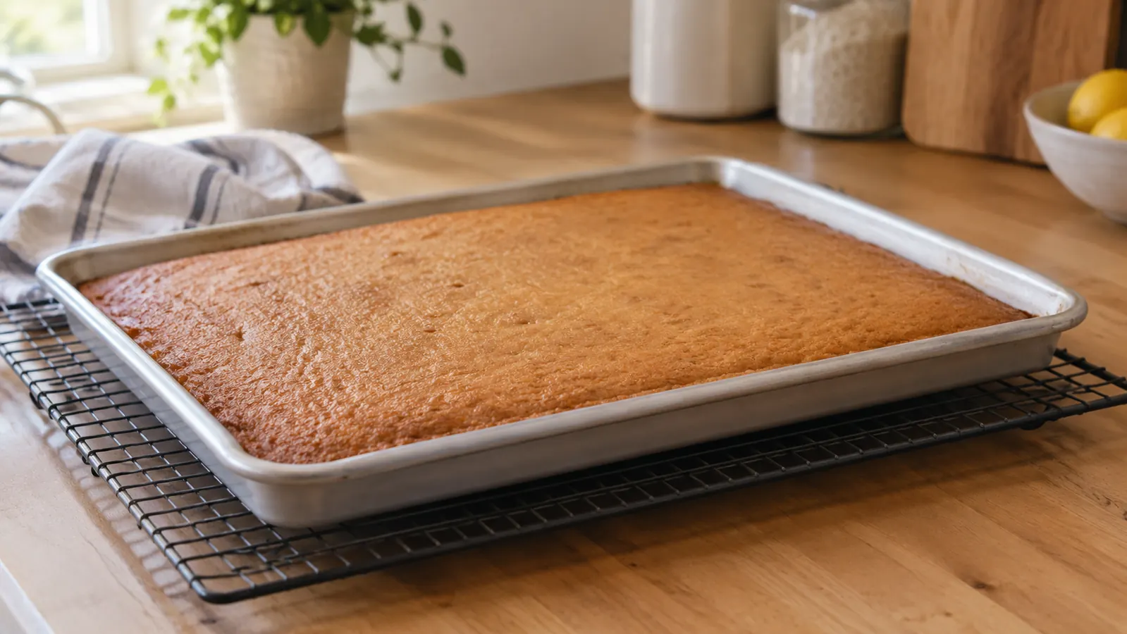 A half sheet pan of sheet cake cooling on a wire rack on a kitchen counter