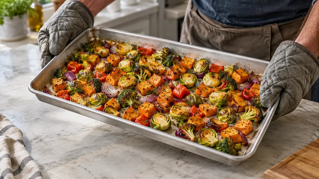 Hands in oven mitts lifting the corner of an aluminum half sheet pan to show evenly browned roasted vegetables