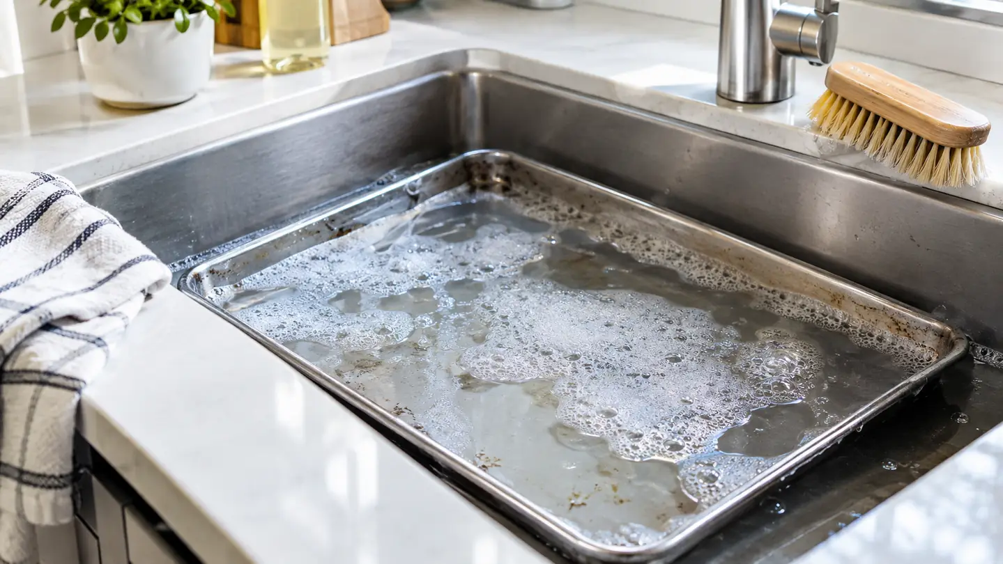 A half sheet pan soaking in a kitchen sink full of warm soapy water with a scrub brush resting on the rim