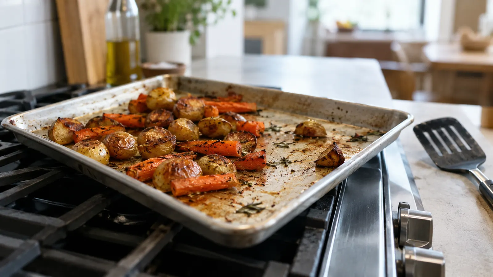A half sheet pan cooling on a stovetop after coming out of the oven, a spatula resting beside it