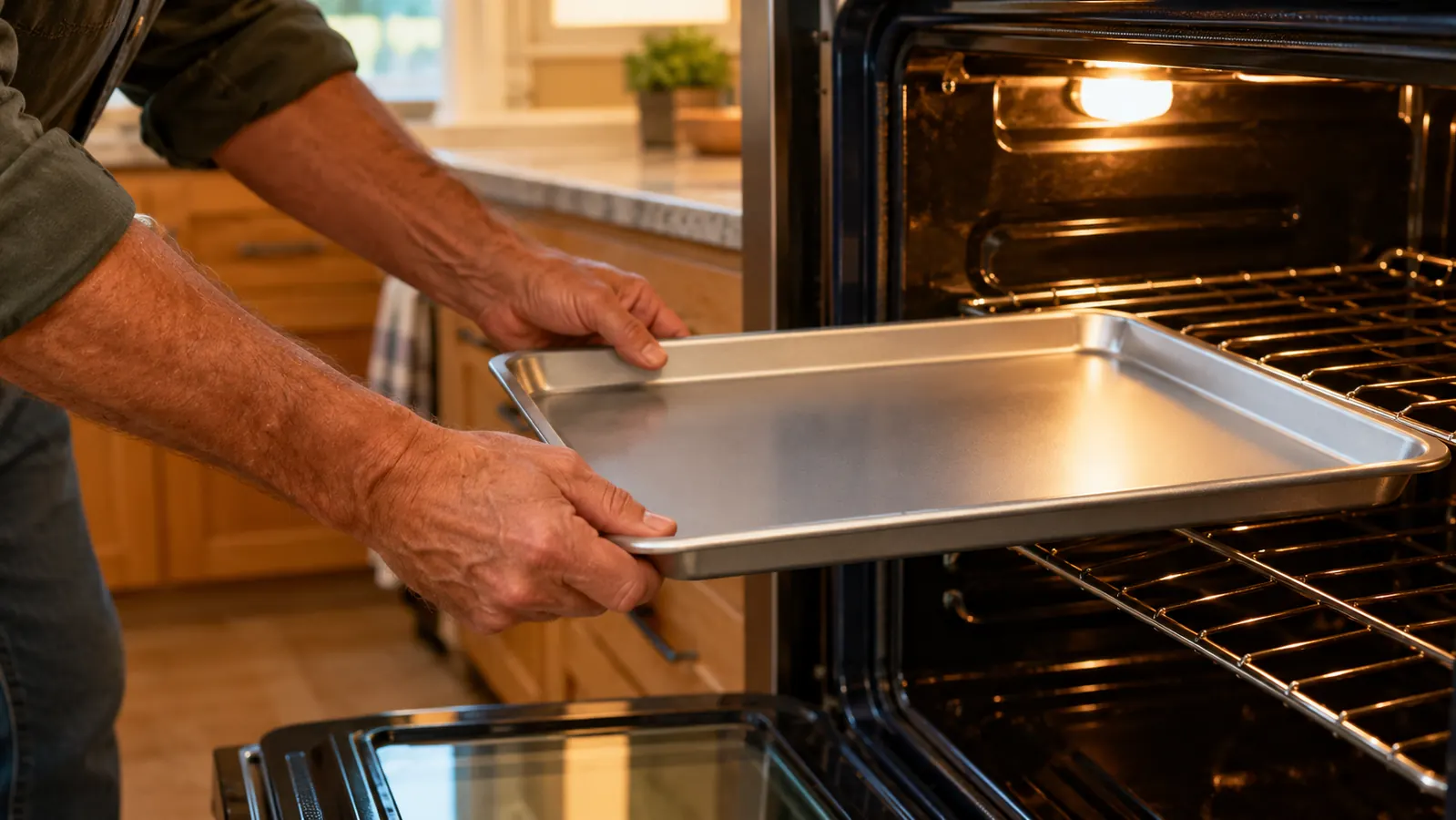 A hand sliding a half sheet pan into a standard home oven
